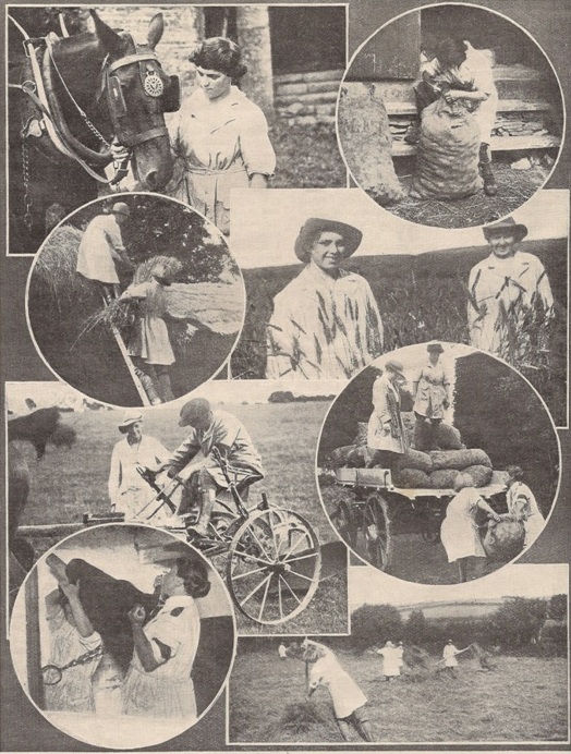 Montage showing women performing a variety of agricultural tasks at Great Bidlake, Devon, a training farm for the WLA. (The Landswoman, September 1918, No. 9, Vol. 1.)